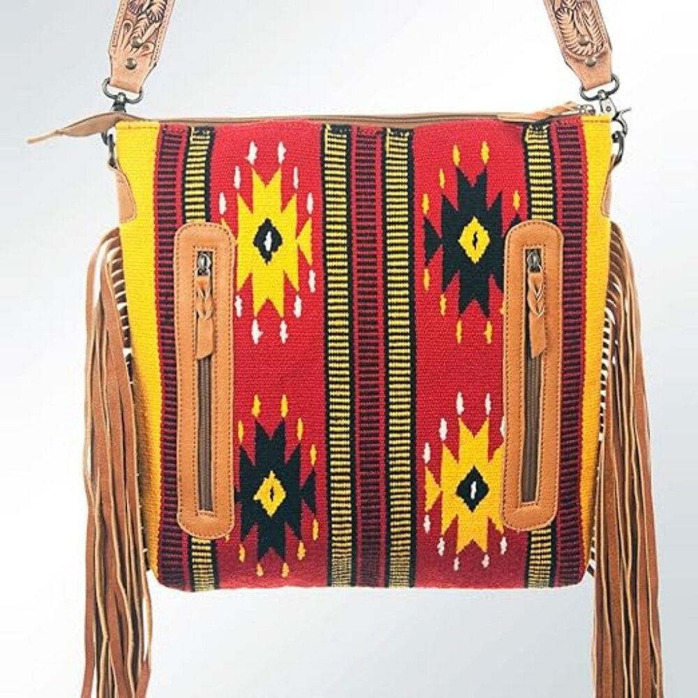 American Darling Southwestern Red Yellow Multi Crossbody Bag with Tan Leather - Picture 5 of 11